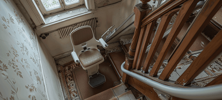 Sitting stairlift on landing of staircase